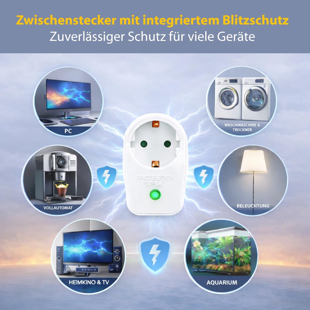 Adaptador de enchufe 10X con protección de sobretensión | 230 V | protección contra rayos enchufe adaptador de protección de red | 3500 W | con cierre de seguridad para niños | 10 piezas
