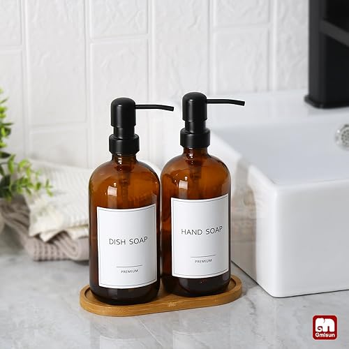 Miniatura 97 de GMISUN Dispensador de jabón de vidrio ámbar, paquete de 2 dispensadores de jabón de manos de baño con bomba de bambú, juego de dispensador de jabón
