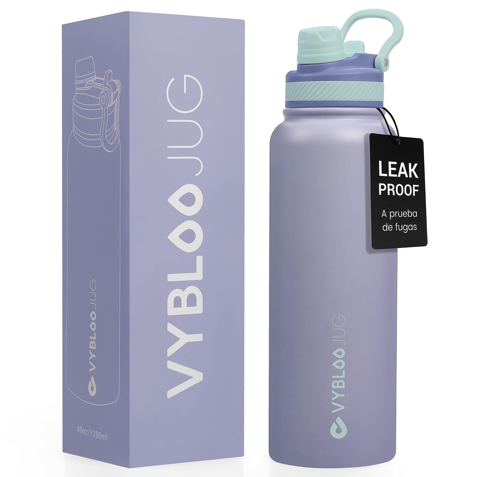 Termos para Agua, Termo Acero Inoxidable con Doble Pico, Agua Fría (24 horas) o Caliente (12 horas), con Popote y Tapa Antigoteo, con Asa para Transportar (40 oz / 1200 ml, Amatista) - 1.2 Litros - Amatista