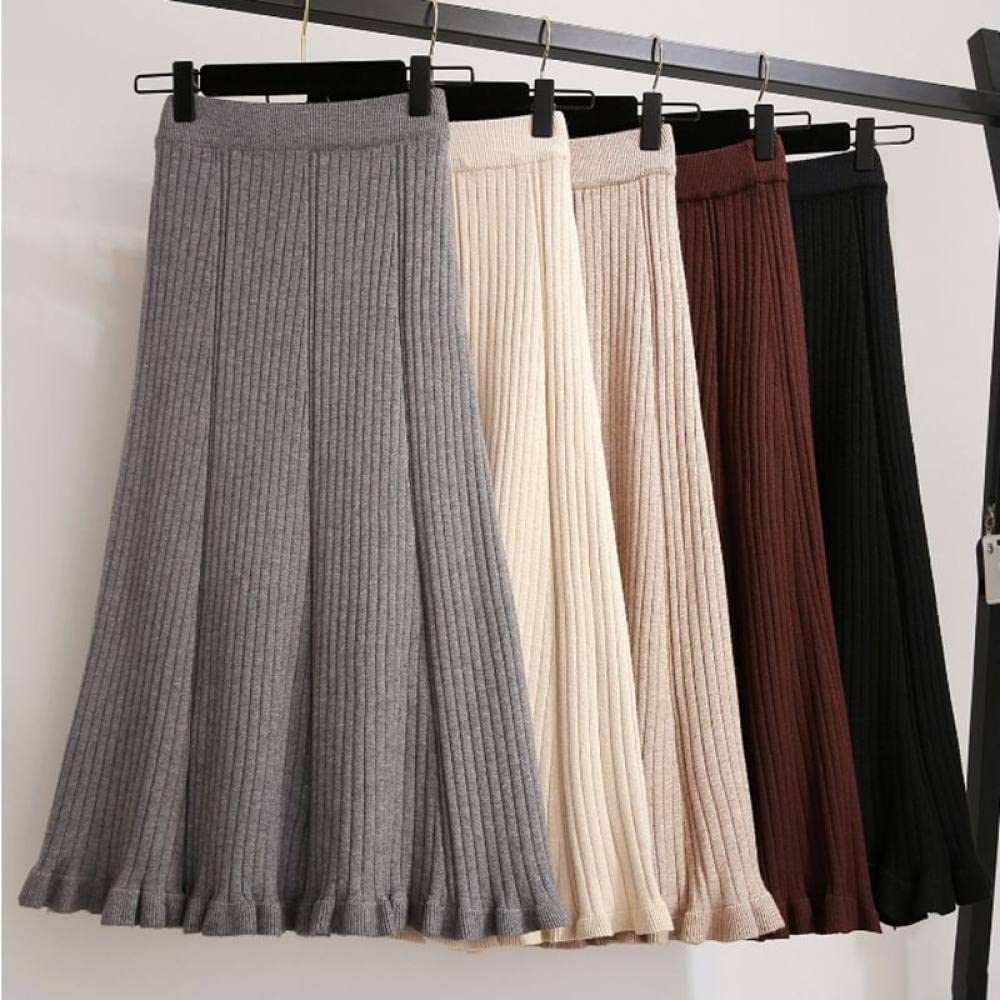 Damen Strickrock,Damen-Midirock, Schwarz, Elastisch, Mit Hoher Taille, Gestrickt, Mit Rüschen, Plissee-Rock, Schmal, A-Linie, Swing, Gerafft, Herbst-Winter, Lange Röcke Für Mädchen, Damen, M