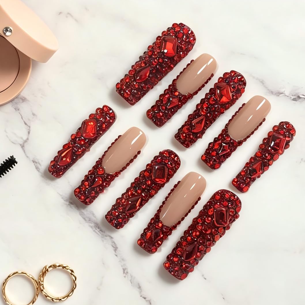 Handmade Press-On Nails, Long Tapered, 3D Nude Burgundy Rhinestones