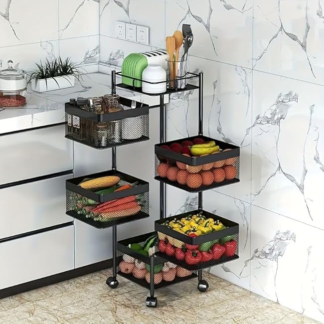5-Tier Rotating Kitchen Storage Shelf Metal Multi-Layer Vegetable Fruit Basket Organizer with Wheels Square Floor-Standing Rack for Pantry Bathroom Living Room (White)-U4jvLfoI