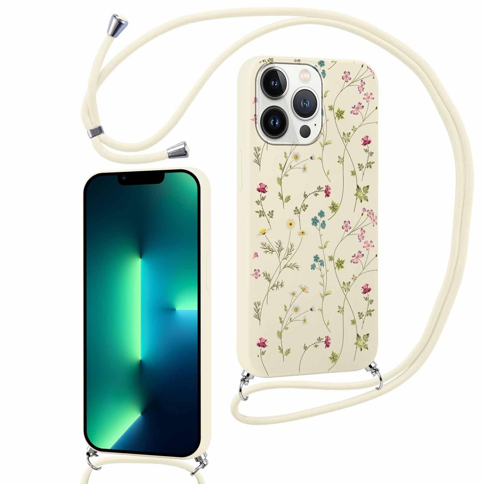 Xylota Funda Cuerda para iPhone 11 Pro 5,8", Aesthetic Dibujos Flores Carcasa Colgante Ajustable Correa Cordón Cadena Collar Case, Suave Silicona TPU Bumper Antichoque Cover para iPhone 11 Pro, Beige