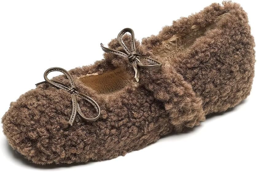 Fur Ballet Flats with Buckle for Women Comfy Faux Shearling Mary Jane Flats Comfy Cute Faux Fur Flat Shoes for Women