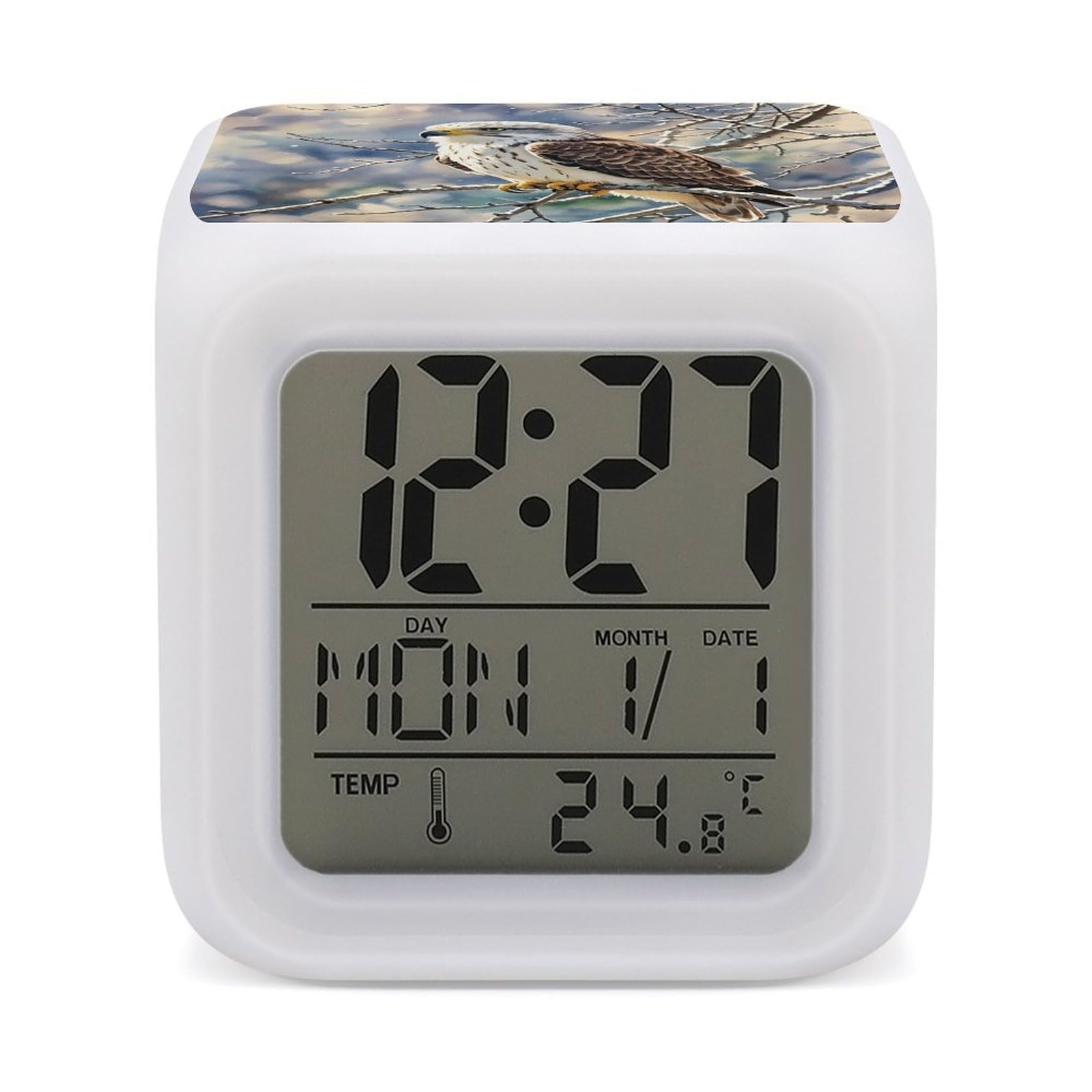 LZQPOEAS Hawk Alarm Clock Desk Clock with 7 Color Changing Night Light Digital Clocks with Temperature Display Sleep Training and Sound Machine for Heavy Sleeper