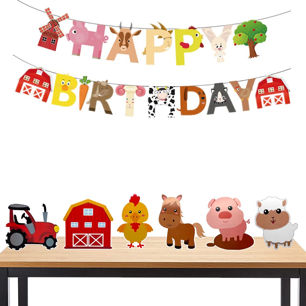 7 Pcs Farm Themed Party Supplies,Include Farm Animals Centerpieces and Farm Happy Birthday Banner, Indoor and Outdoor Table Decorations for Farm Animals 3D Table Decoration