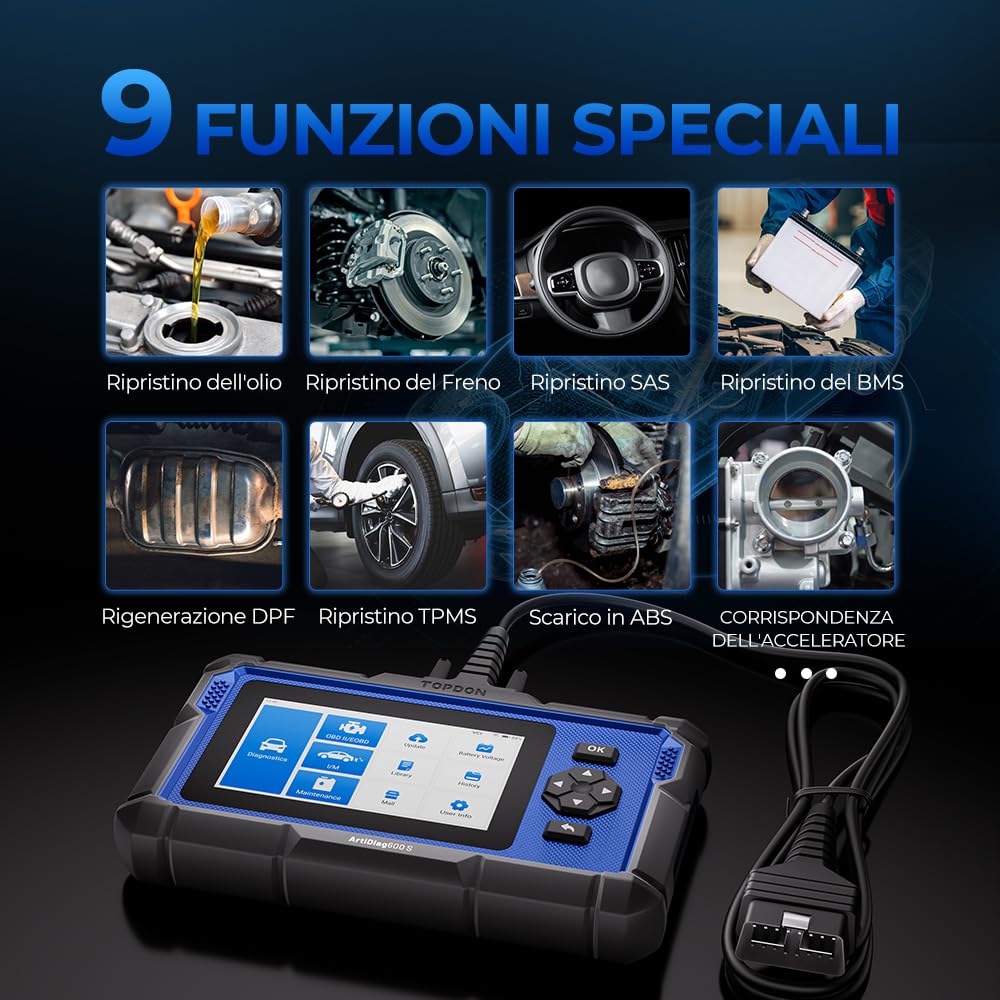 TOPDON AD600S Scanner OBD2 – Strumento di Diagnosi Auto Professionale per Motore/ABS/SRS/Cambio, 9 Funzioni di Reset (Olio/Freni/BMS/DPF/Codifica Iniettori), Aggiornamenti Gratuiti a Vita