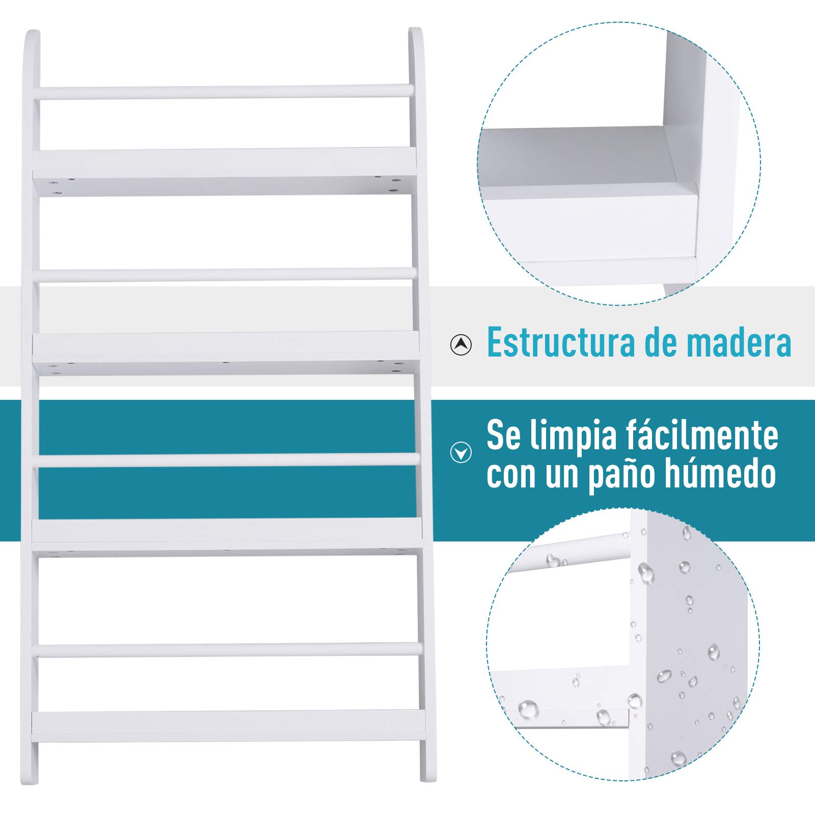 HOMCOM Estantería de Pared de Libros con 4 Estantes Librería Infantil para Hogar Oficina Carga 30kg 59x12x113 cm Blanco