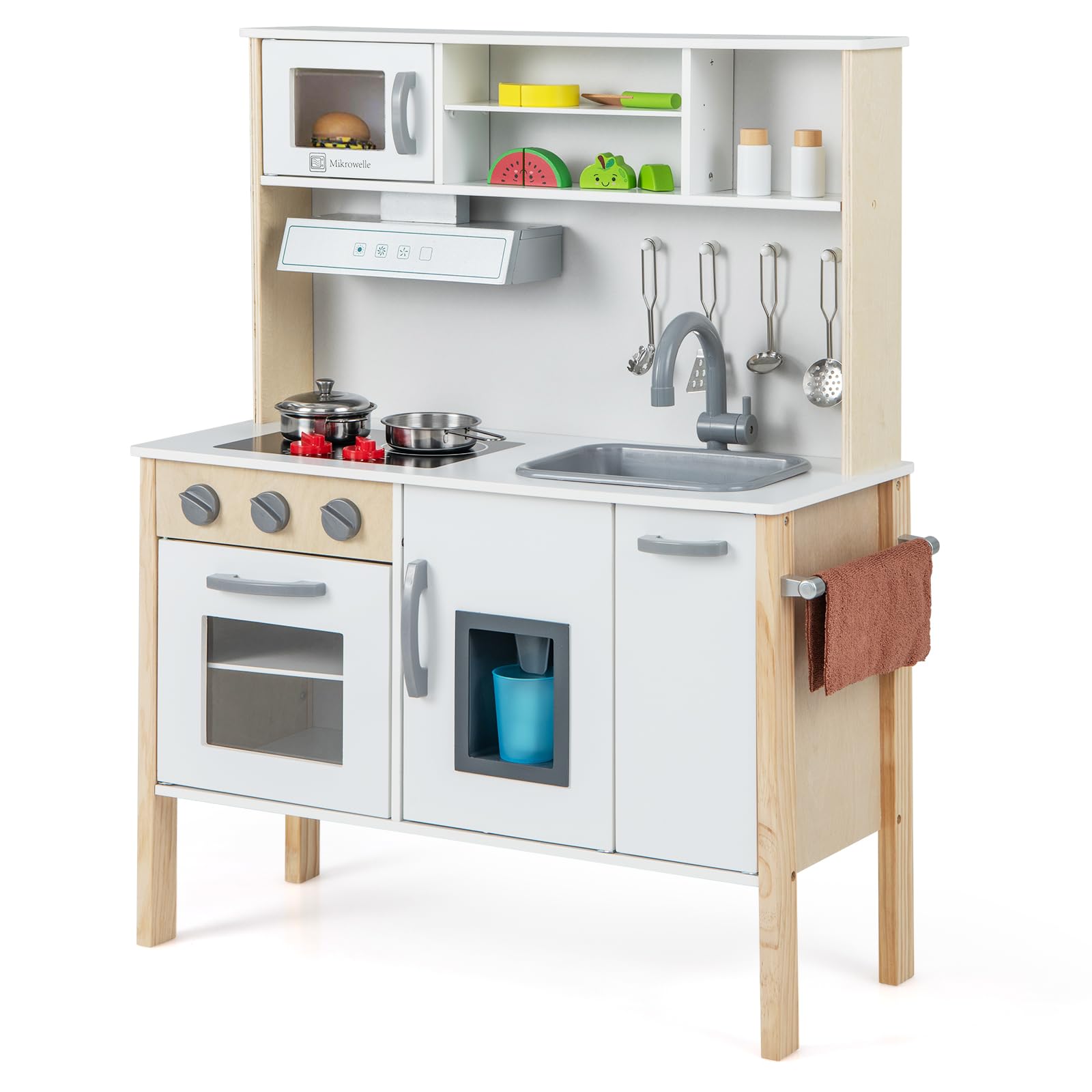 GYMAX Cucina Giocattolo per Bambini, Set da Cucina in Legno Imitazione con Lavello Rimovibile, Cappa da Cucina e Fabbricatore di Ghiaccio, 18 Accessori Completi, per Bambini da 3 a 6 Anni (Bianco)