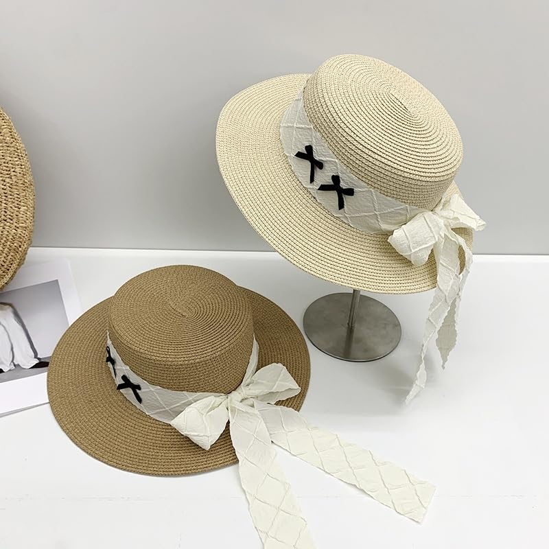 Sombrero de Paja de ala Ancha y Plana para Mujer,Sombrero de Playa con Lazo para Viajes,Vacaciones de Verano,Suave,Ligero y Transpirable