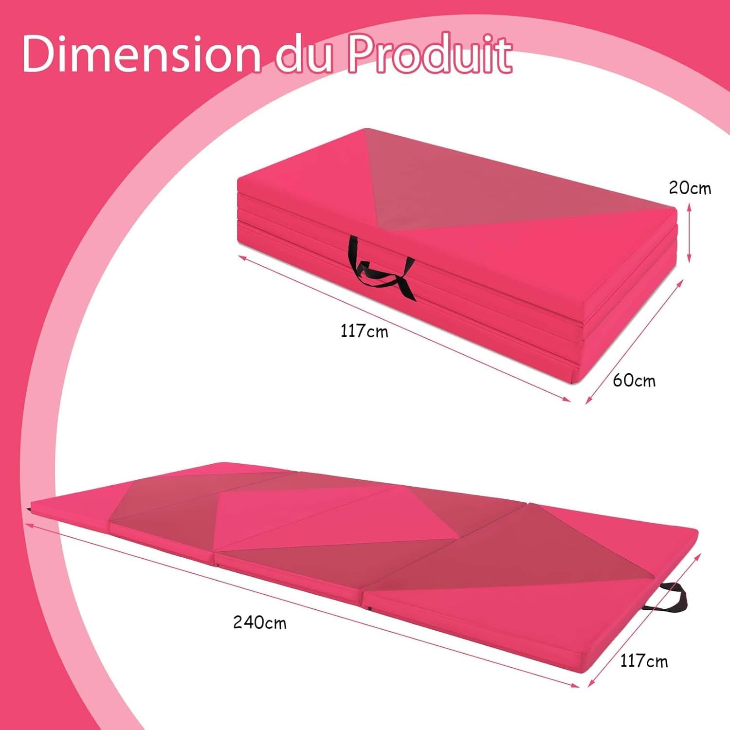 GOPLUS Colchoneta de Gimnasia Plegable, 240x117x5cm, Esterilla de Entrenamiento de Cuero Artificial con Asas de Transporte, Alfombra de Suelo para Fitness Yoga (Rosa + Melocotón)