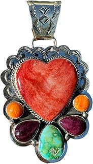 Navajo Sterling Silver Multi Stone Turquoise Spiny Oyster Heart Pendant. E Wylie, Sterling Silver, Turquoise