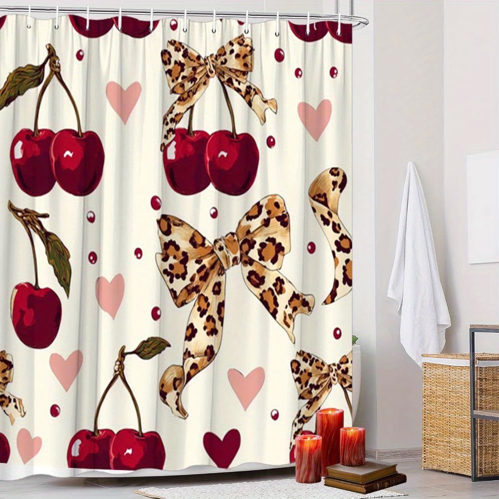 GLWDMB 1 Piece 180x200CM Cherry Leopard Bow Printed Shower Curtain With Hook, Polyester, for Windows And Walls, Bathtub, Bathroom, Machine Washable, All Season Universal