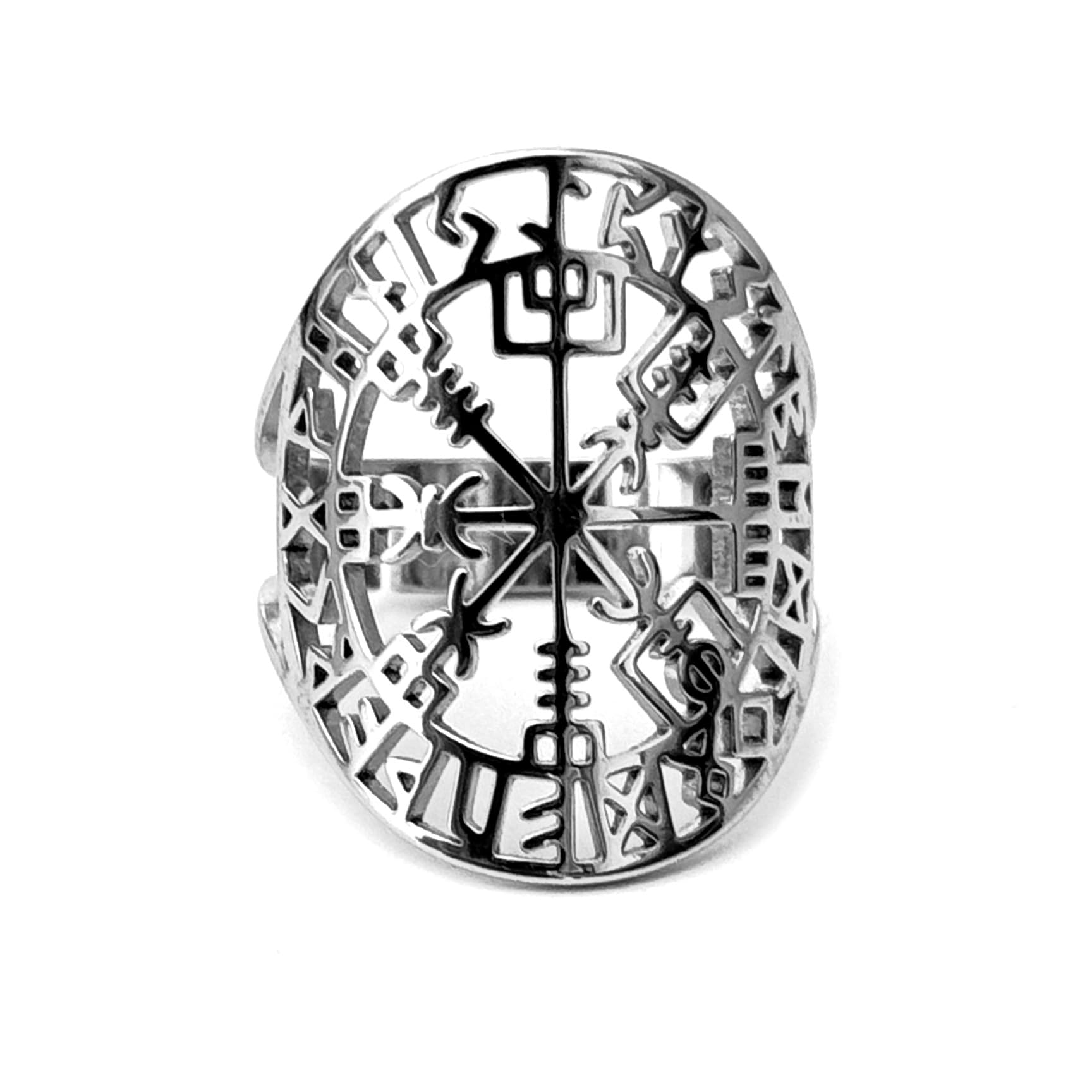 Simboliks Vegvísir Celta Anillo Helm of Awe mitología nórdica vikingo Runas Pagano Pagen brújula celta Amuleto de protección acero inoxidable ajustable runas vikingas regalo de joyería para mujer