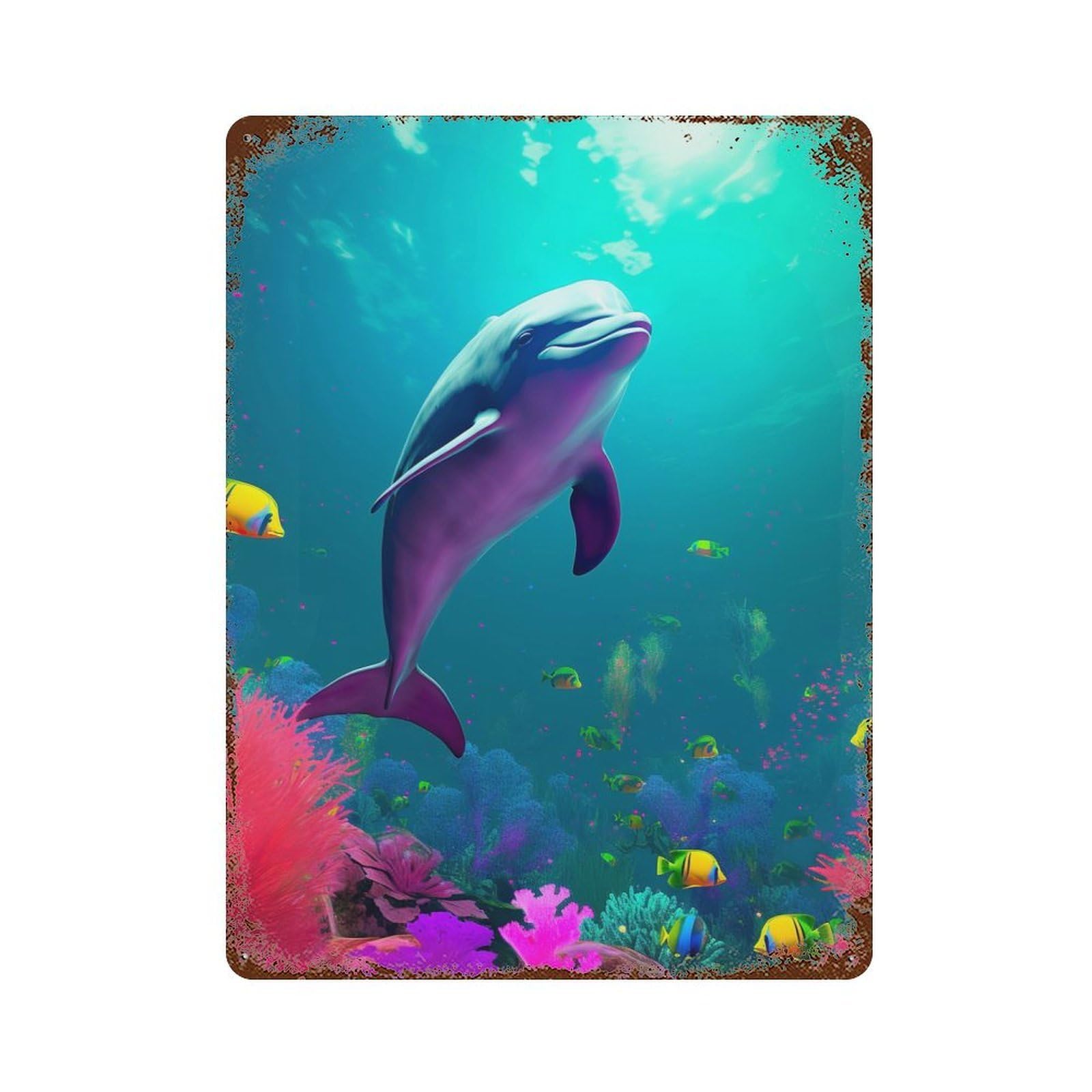 Dolphin Coral Dive 15.7"x11.8" Rustic Tin Plaque, Industrial Home Decor for Farmhouse, Kitchen And Entryway Decor