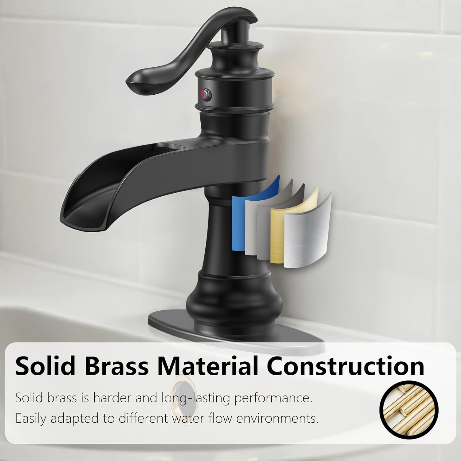 Black Bathroom Faucet, Black Waterfall Sink Faucet, Single Hole Bathroom Faucet, Matte Black Single Handle Farmhouse RV Lavatory Vanity with Pop Up Drain with Overflow