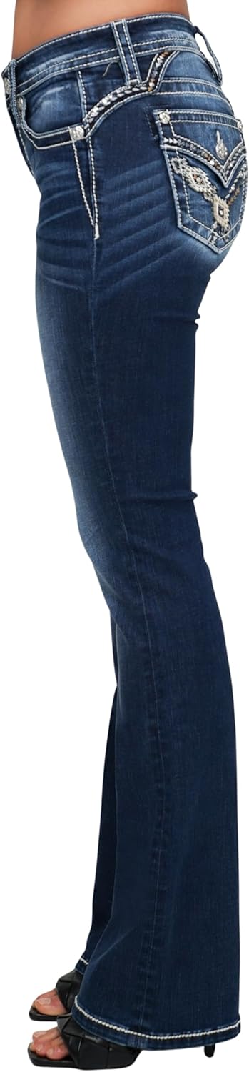 Miss Me Women's Nyah Cross Stitched Western Embellished Faux Flap Pockets Mid-Rise Bootcut Jeans - Image 3