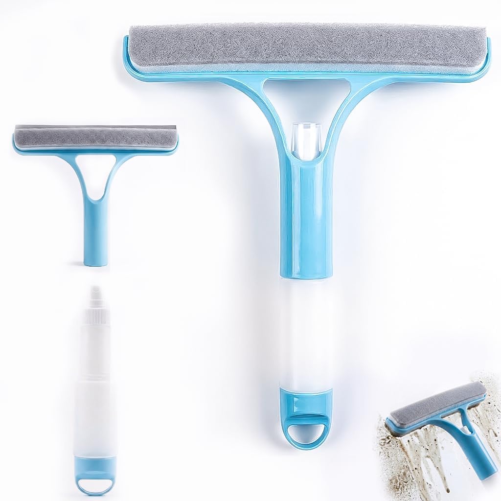 3 in 1 Window Cleaner Tool, Squeegee with Spray Bottle & Scrub Pad for Glass, Mirrors & Shower Doors