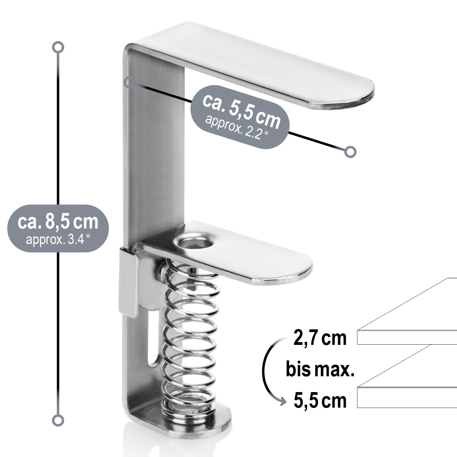 com-four® 8X Pinza para Mantel de Primera Calidad Fabricada en Acero Inoxidable - Pinzas para Mesa con Resorte para mesas con un Grosor de 2,7-5,5 cm - Pinza para Mantel a Prueba