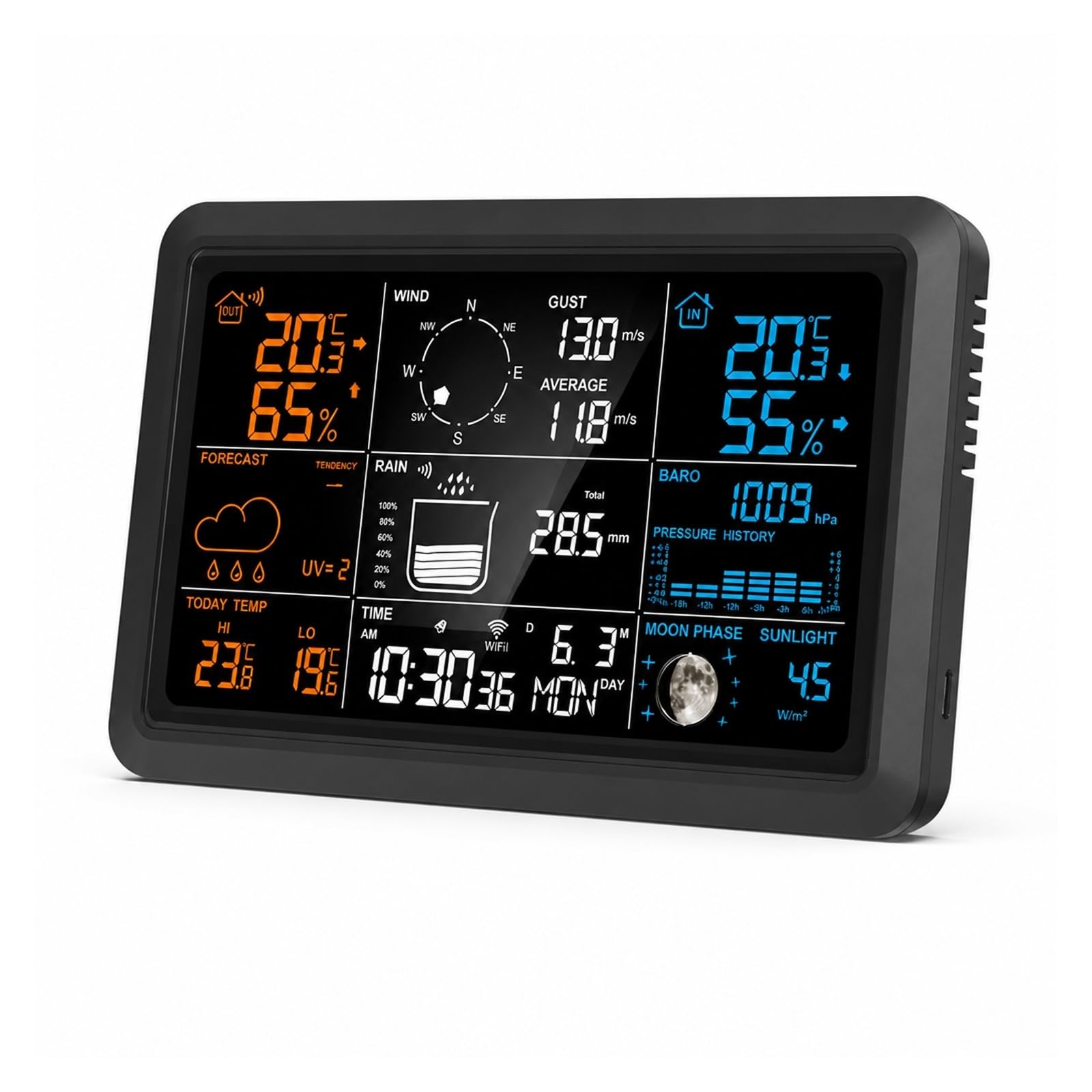 Pluviometro Esterno, Monitor per Interni Ed Esterni Stazione Meteorologica Wireless Ad Energia Solare | Black