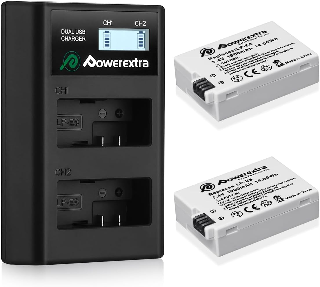 Powerextra 2Pack LP-E8 Battery and Dual LCD Fast Charger 1800mAh,Compatible with Canon Rebel T3i,T2i,T4i,T5i,EOS 600D,550D,650D,700D,Kiss X5,X4,Kiss X6,LC-E8E Digital Camera