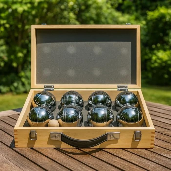 Divit Boule Set in Holzkoffer 8 Boule Pétanque Kugeln inklusive Schweinchen Zielkugel