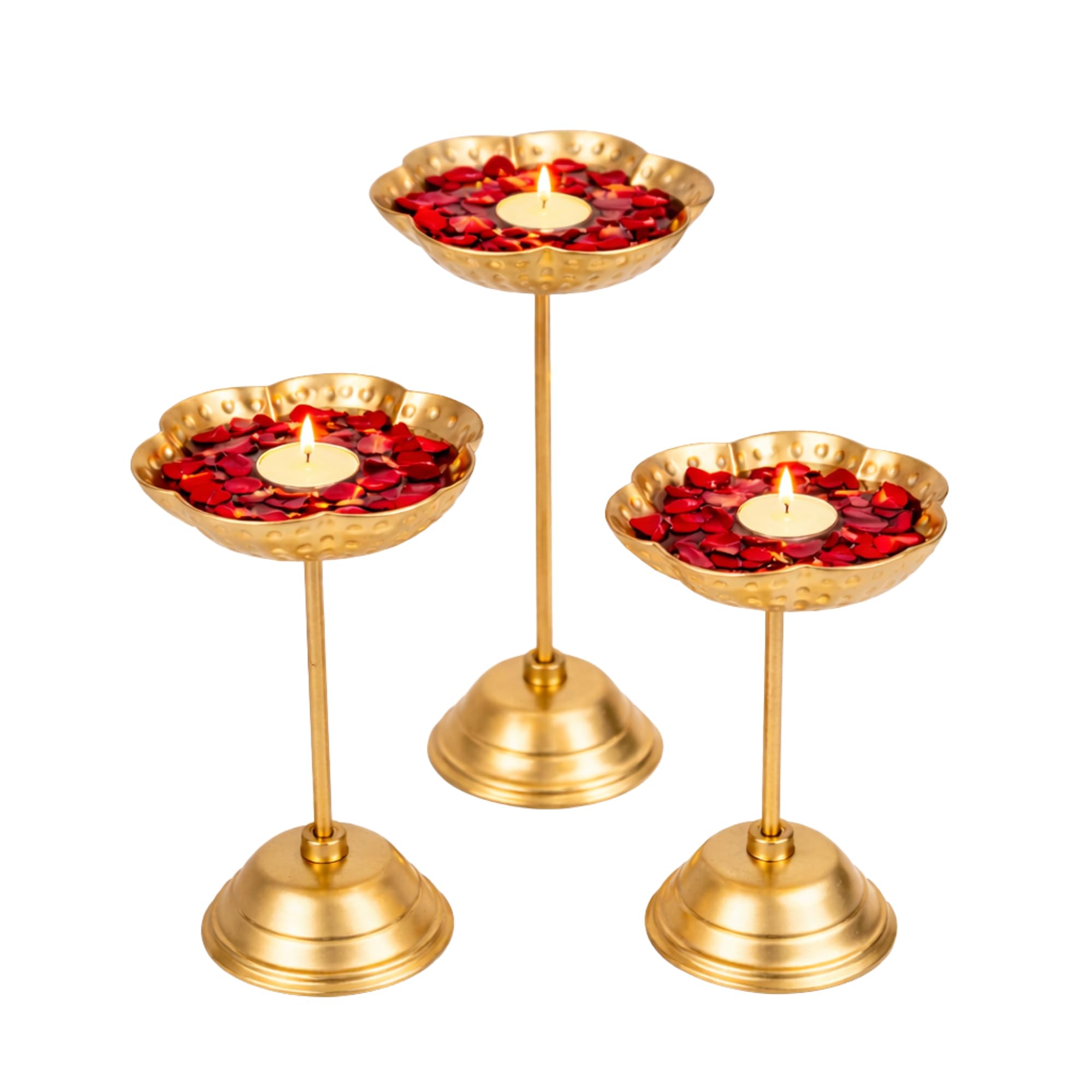SEVRA Taj Urli Brass Metal Tealight Candle Holder Stand – Set of 3 (9, 11 & 13 Inch) | Home Decor for Living Room | Dining Table | Diwali Decoration | Wedding Gift | Festive-image-25