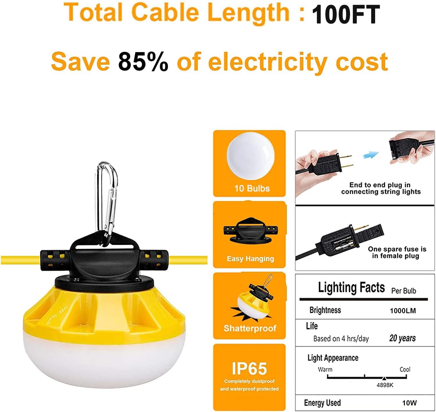 Cadena de luces LED de construcción de 100 pies, grado industrial, ideal para sitios de construcción, renovación, patio, cueva de mina, al aire libre y otras soluciones de iluminación al aire libre,