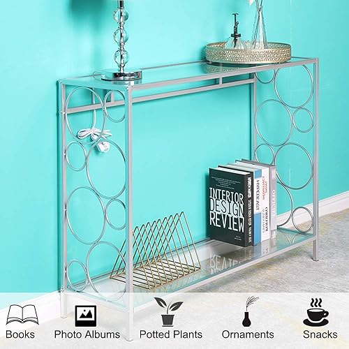 Miniatura 6 de SSLine Mesa consola de vidrio templado, mesa de sofá de cristal transparente, mesas de entrada con estante para pasillo, sofá, sala de estar,