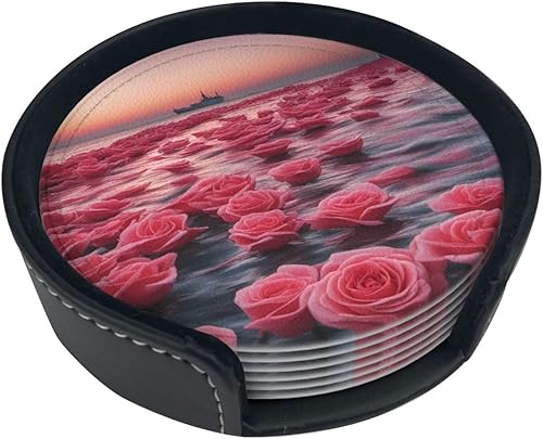 Roses by The Sea Fashionable Printed Leather Coaster Set,A Set of 6 Pieces,4 Inches in Diameter,Adding an Artistic Atmosphere to Your Desktop