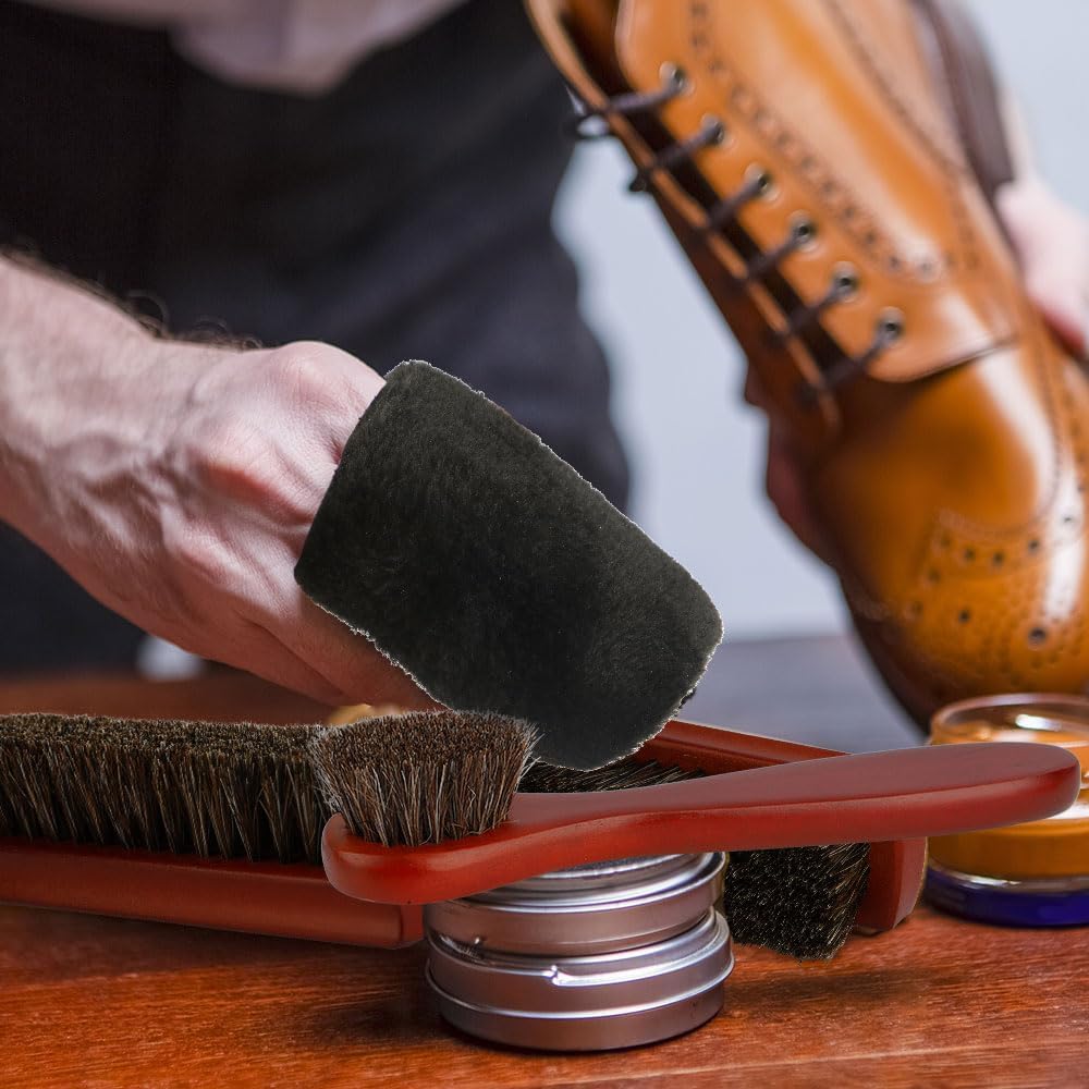 Set de 3 Brosses à Chaussures en CRIN de Cheval - Kit Entretien & Nettoyage pour Cuir, Chaussures, Bottes avec Brosse Carrée, Brosse à Long Manche et Gant de Polissage