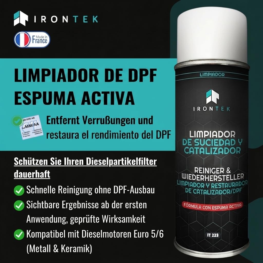 Limpiador Filtro de Partículas Diésel - IRONTEK - 400 ml | IT223 | Sin Desmontaje | Fórmula Mousse Activa | Tratamiento Curativo FAP
