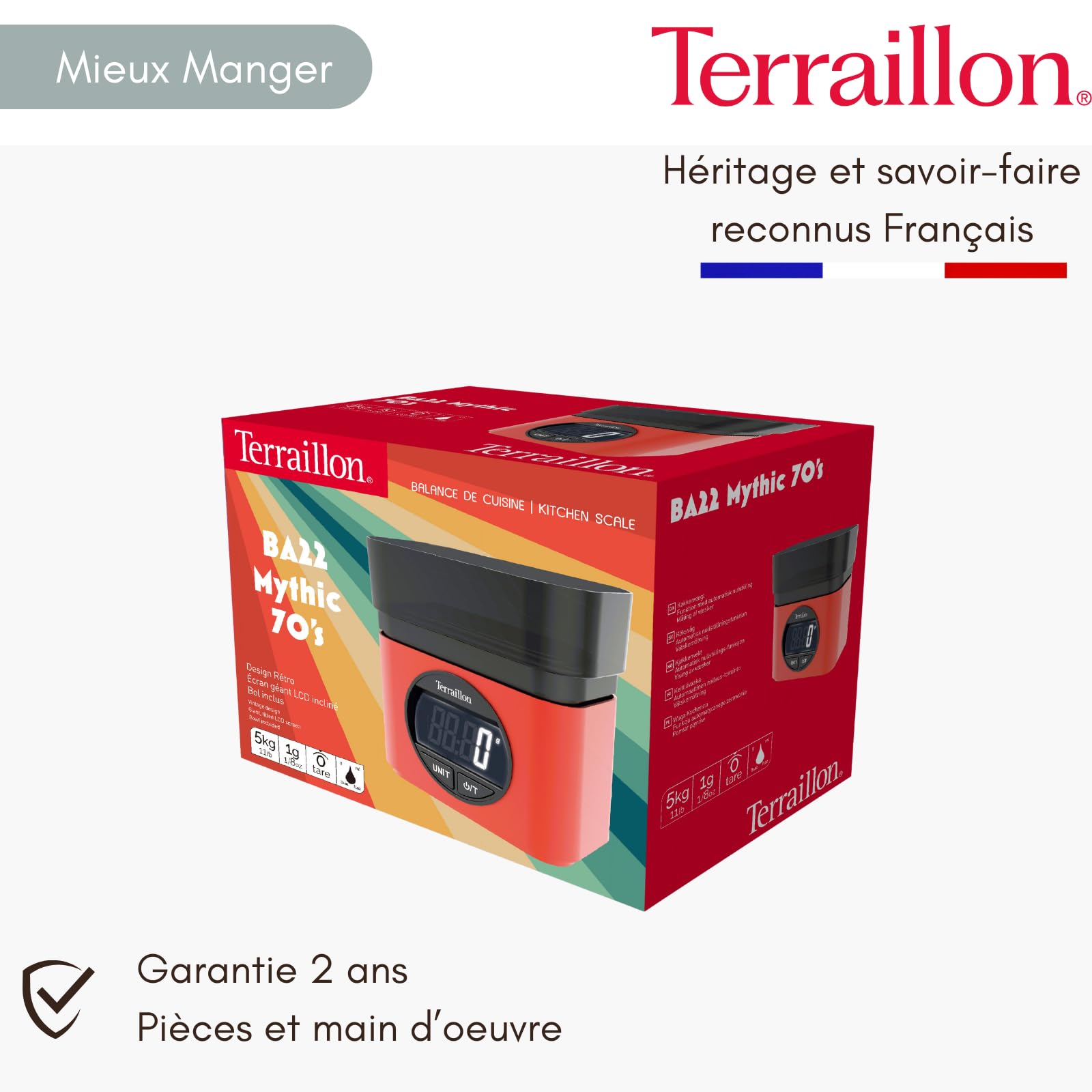 TERRAILLON - BA22 MITICA - Bilancia da cucina elettronica, design iconico e retrò, ciotola integrata 0,7L, grande schermo LCD, display numeri, funzione tara, rosso