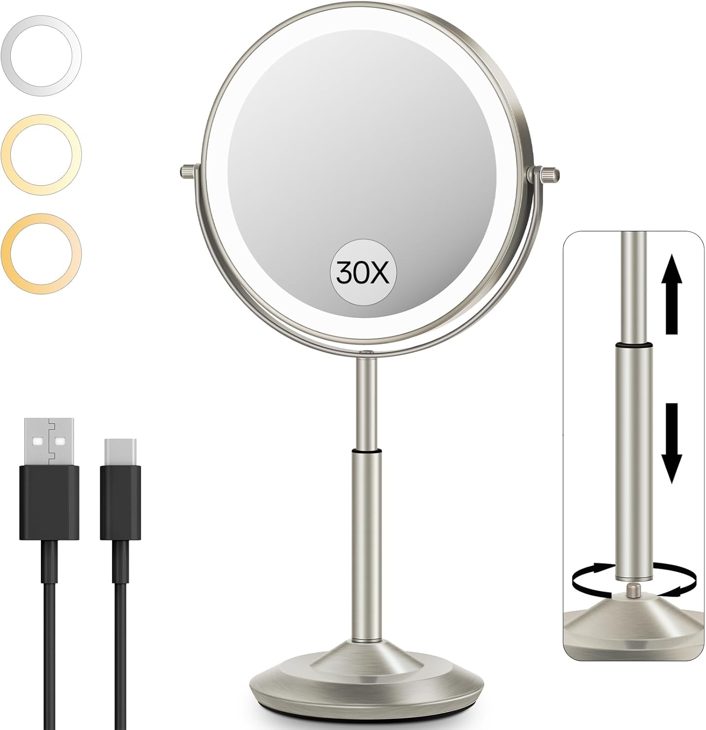 VFD 30X/1X Makeup Mirror with Lights, Height Adjustable Lighted Magnifying Vanity Mirror with 3 Lighting and Adjustable Brightness, 3000mAh Rechargeable Double Sided Switch for Desk Women Gift