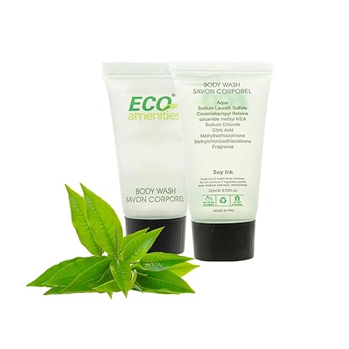 Eco Amenities Gel de baño de tamaño de viaje, paquete de 72, tubos pequeños de 0.75 onzas con tapa giratoria, aroma a té verde, caja a granel de