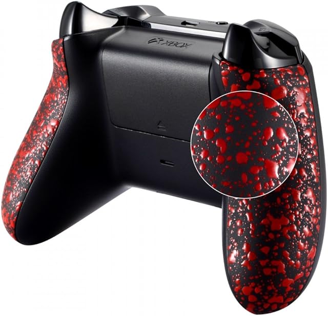 eXtremeRate Textured Red Back Panels, Comfortable Non-slip Side Rails, 3D Splashing Handles, Game Improvement Replacement Parts for Xbox One X & One S Controller