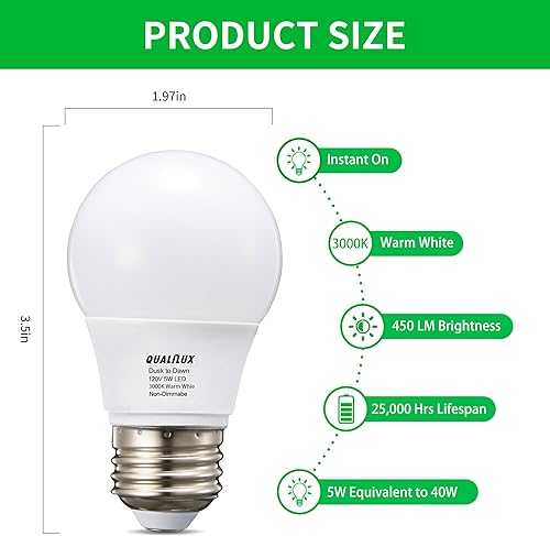 Miniatura 6 de Bombillas pequeñas A15 del anochecer al amanecer para exteriores, 450 lúmenes, blanco cálido, 5 W = 40 W, encendido y apagado automático, bombilla