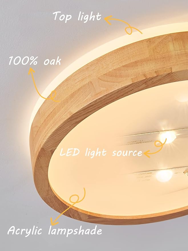 Baerolc LED Plafondlamp Hout,Φ30cm Houten Plafondlamp Woonkamer, 24W 3000K Warm Wit Plafondlamp Ronde Houten Lamp voor Slaapkamer/Kantoor/Keuken/Kwekerij/Hal/Balkon (Warm, 30CM TOP) photo 2