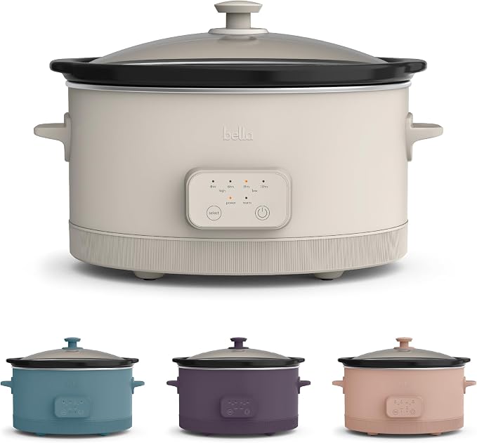 bella 6.0 Qt Programmable Slow Cooker, EverGood™ Ceramic Nonstick Coating, Adjustable Temperature & Cooking Times, Dishwasher Safe Stoneware Pot & Tempered Glass Lid, Tangle Free Cord Wrap, Oatmilk
