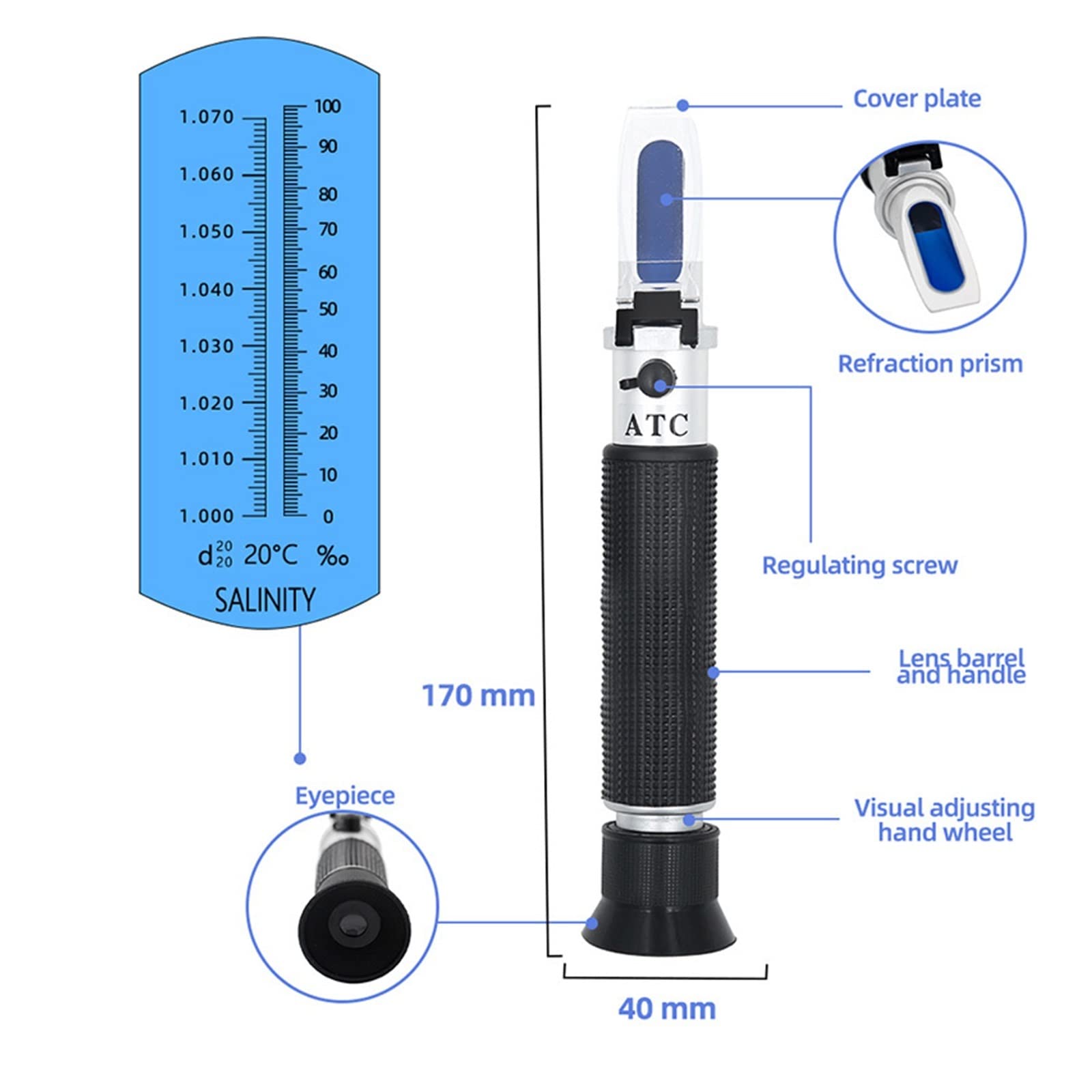 Refractómetro de salinidad Medidor de Agua Lector de Agua Marine 0~10% Prueba de Prueba de Acuario de Sal Digital Ph Medidor Aquario Suelo OperacióN Y CalibracióN Simples