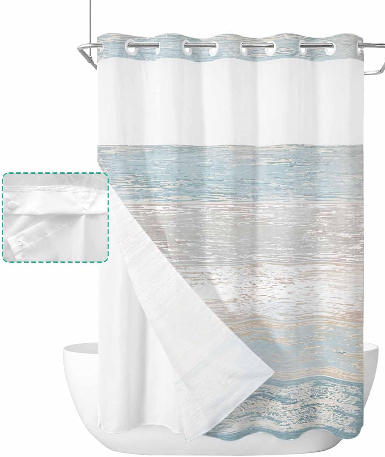 No Hook Shower Curtains, Aqua Blue Brown Ombre Standard Bathroom Curtains with Snap in Liner, Farmhouse Vintage Wooden Waterproof Washable Fabric Bathroom Shower Curtain Sets, 60" x 72"