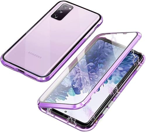 QUIETIP Funda compatible con Samsung Galaxy S20 FE, funda magnética de vidrio transparente de metal, marco de metal delgado, vidrio templado de