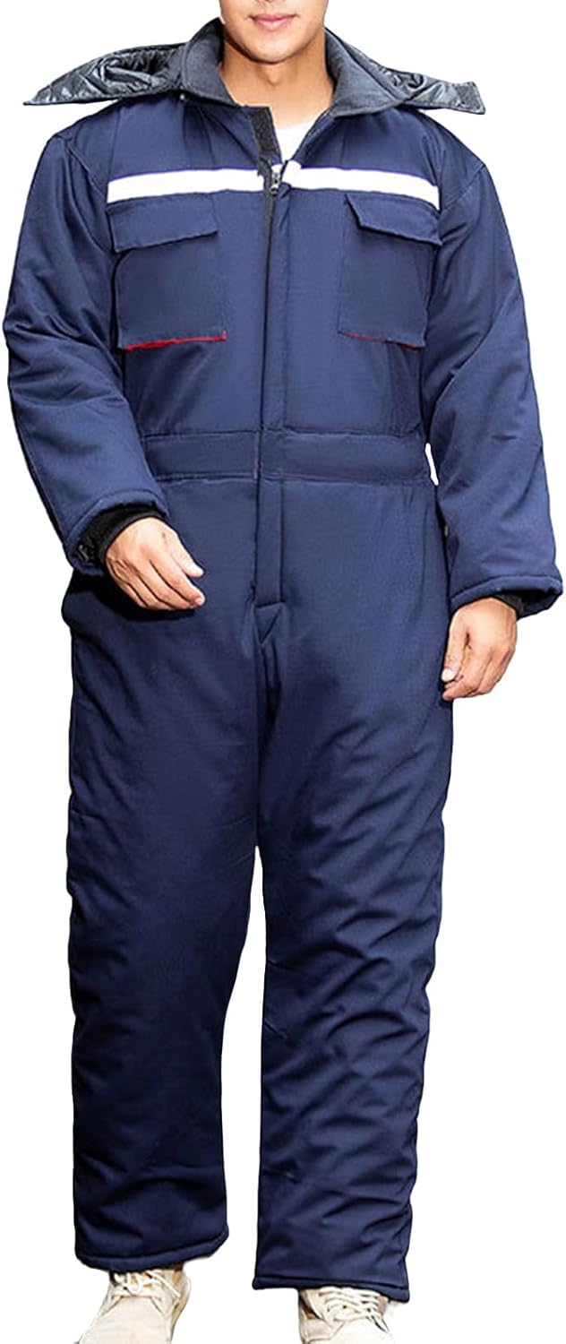 Insulated High Vis Coveralls for Men Work Winter Mechanic Hooded Jumpsuit Warm Windproof Safety Overalls with Zippers