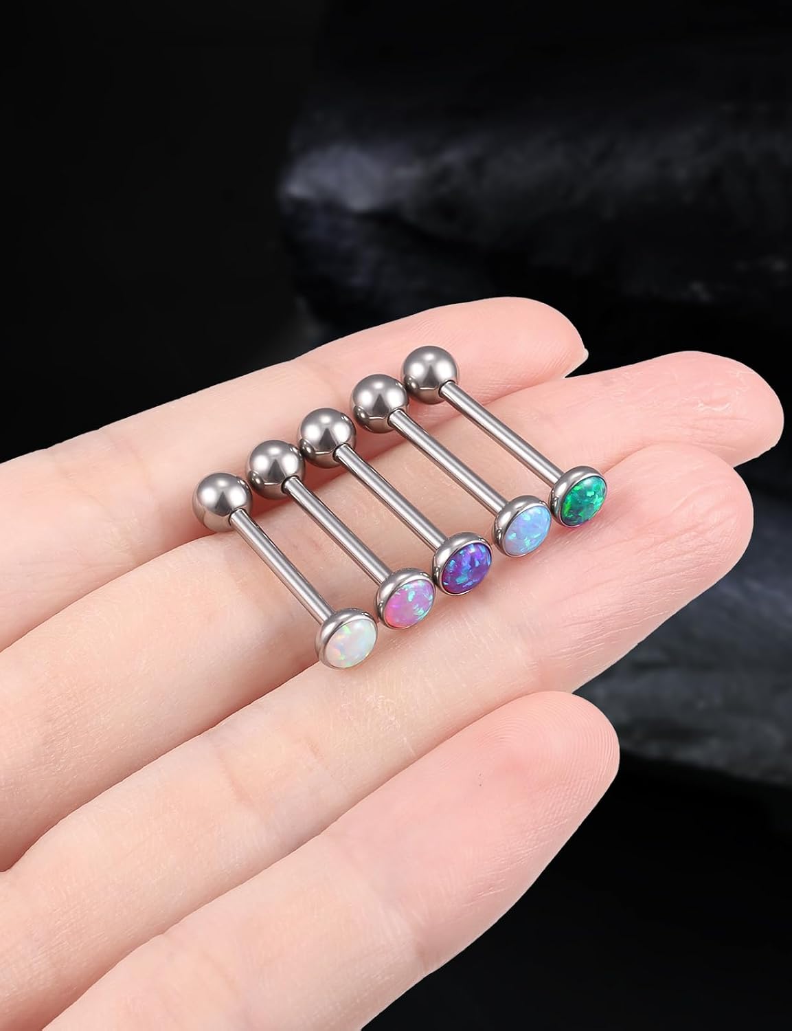 14G Astm F136 Titanium Tongue Rings Piercing Jewelry 14 Gauge Internal Thread Straight Barbell Opal Tongue Rings Piercing Jewlery for Women Men White Pink Purple Blue Green 16MM Bar Length