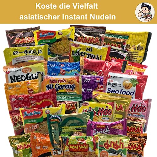 Foto von AlphFa-Bigbox - 33 Asiatische Instant Nudeln, Ramen aus versch. Geschmacksrichtungen z.B. Shrimps, Schwein, Ente, Rind, Huhn - Asia Nudeln ideal als Geschenkbox inkl. Bewertungskarte & 5x Essstäbchen