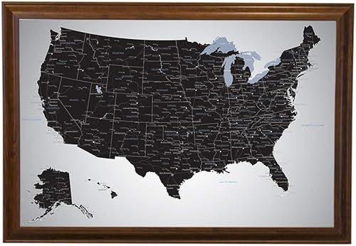 Vista 16 de Mapa de viaje personalizado de Black Ice USA con pasadores y marco gris de madera de granero de 27.5 x 39.5 pulgadas, mapea tus viajes a EE. UU Gris