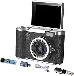 NonMiFyR Câmera digital 4K com tela flip de 180°, tela de 2,4 polegadas, câmera CCD de 48 MP, digital de 8x para iniciantes e adultos, presente de, Preto