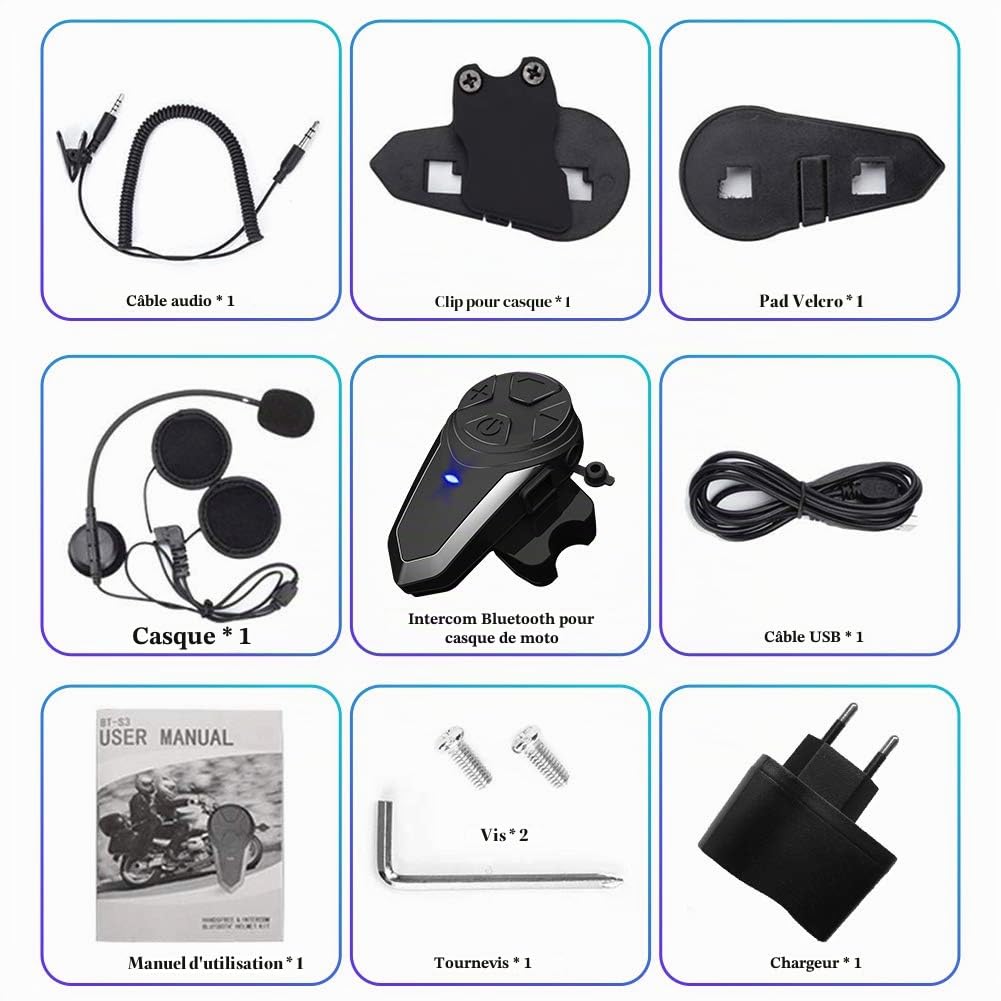 BT-S3 1000m Intercom Moto Casque Casque Systèmes de Communication en Temps réel Mains Libres Radio FM Interphone Bluetooth étanche pour 2 ou 3 Cyclistes(1 Pièce)