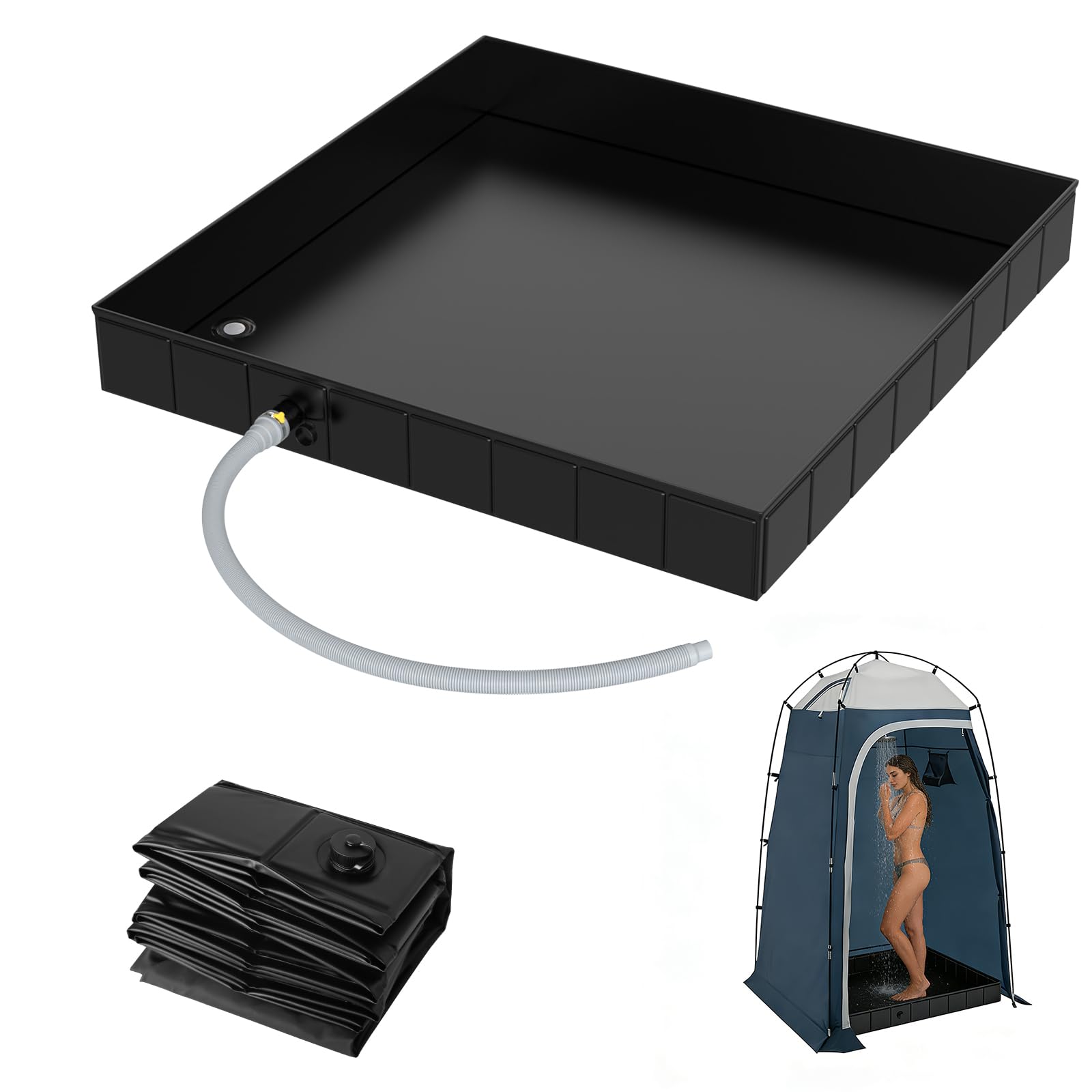 Base de ducha plegable, 104 x 104 x 13 cm, bandeja de ducha portátil para camping, con tubo de drenaje, 2 agujeros de aguas residuales, base de tienda de ducha, tienda de campaña, base de ducha para
