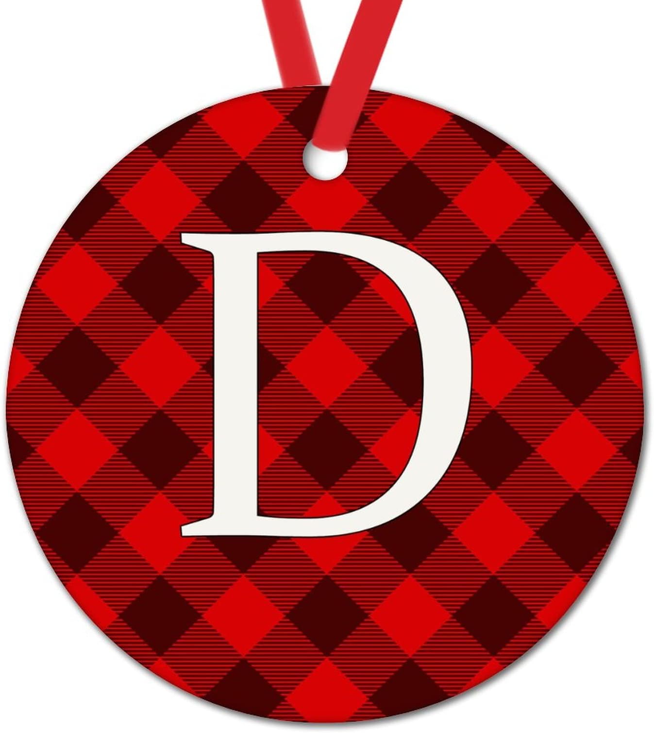 Personalized Custom Monogram Initial Letter D Xmas Tree Ornaments Christmas Red Plaid Checks Christmas Decor Monogram Letter Round Ceramic Ornaments for Xmas Decorations
